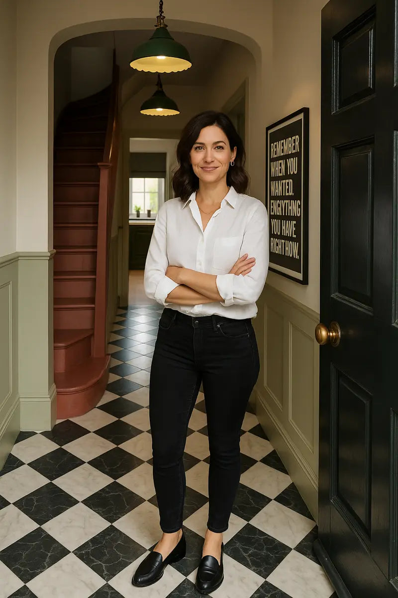 Up close picture of Jasmine, my virtual design assistant. She is stood in a period hallway with monochrome chequered marble flooring, a black front door with brass handle and panelling on the walls.