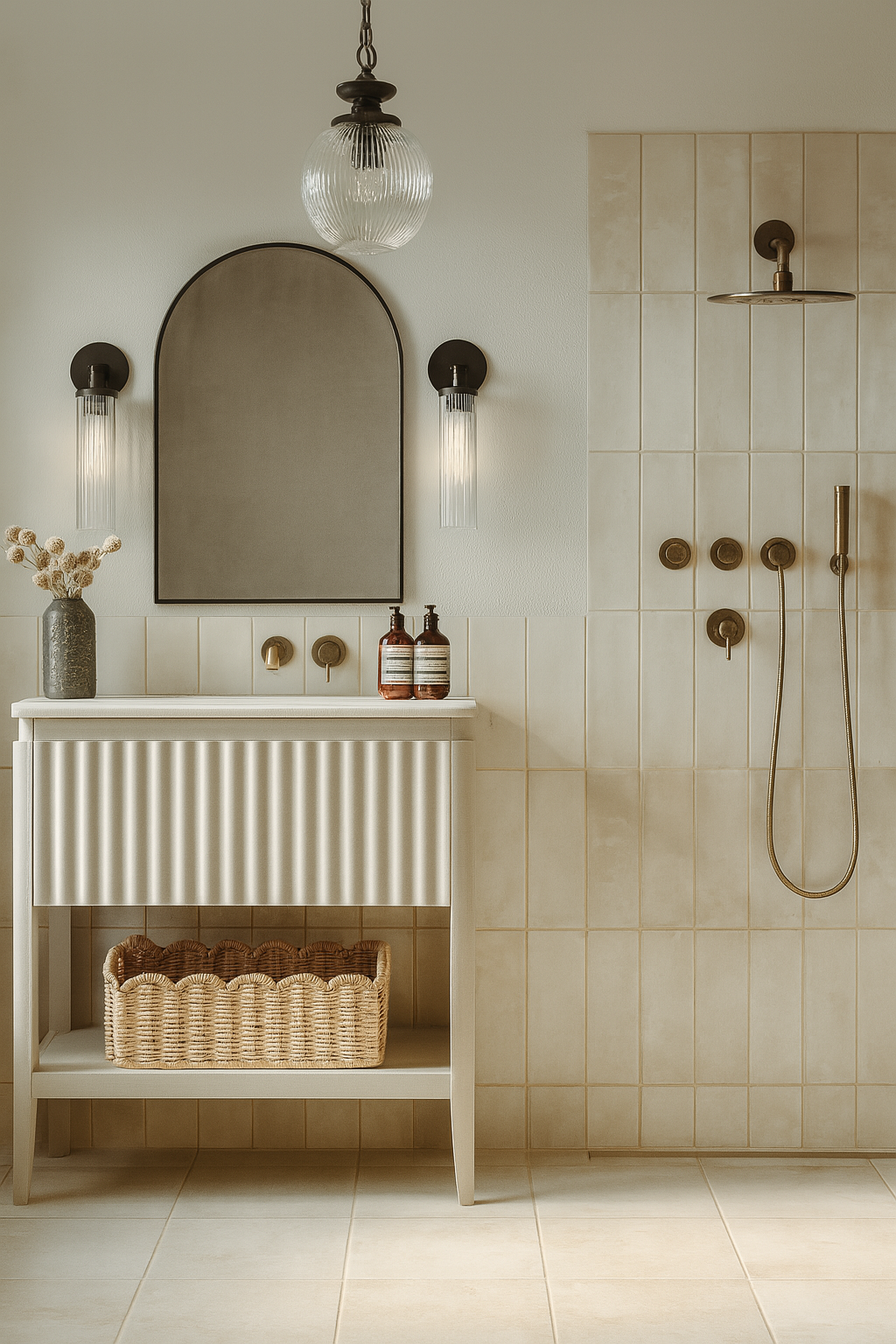3D render of this timeless neutral bathroom with cream Zellige tiles and brass finishes. 